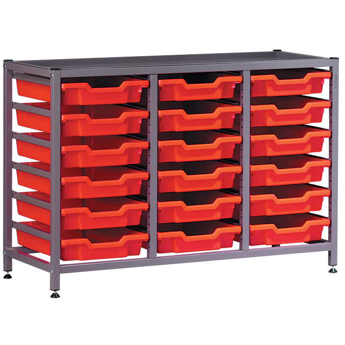 Gratnells Science Range - Complete Under Bench Height Treble Column Grey Frame With 18 Shallow Trays Set - 725mm