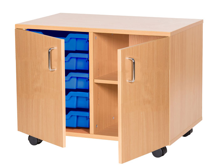 Sturdy Storage Double Column Unit -  5 Trays & 2 Storage Compartments with Doors