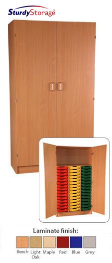 Sturdy Storage Triple Column Cupboard Unit -  45 Shallow Trays with 1 fixed Shelf & Doors
