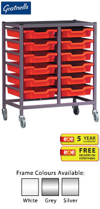 Gratnells Science Range - Complete Bench Height Double Column Trolley With 12 Shallow Trays Set - 860mm