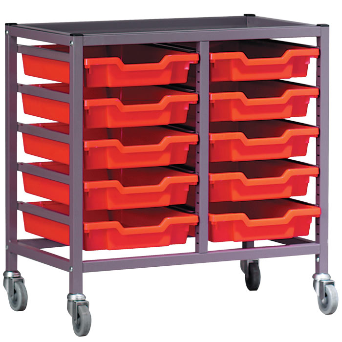 Gratnells Science Range - Complete Under Bench Height Double Column Grey Frame Trolley With 10 Shallow Trays Set - 735mm