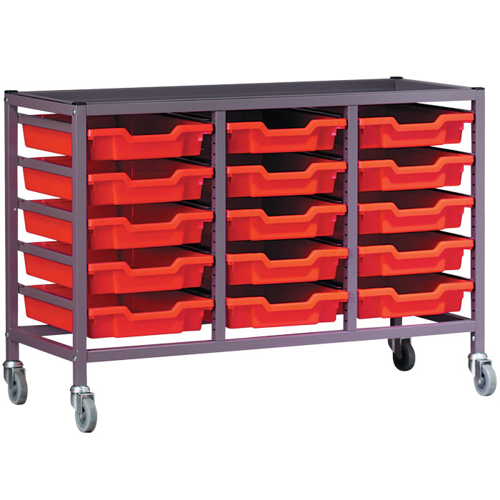 Gratnells Science Range - Complete Under Bench Height Treble Column Trolley With 15 Shallow Trays Set - 735mm