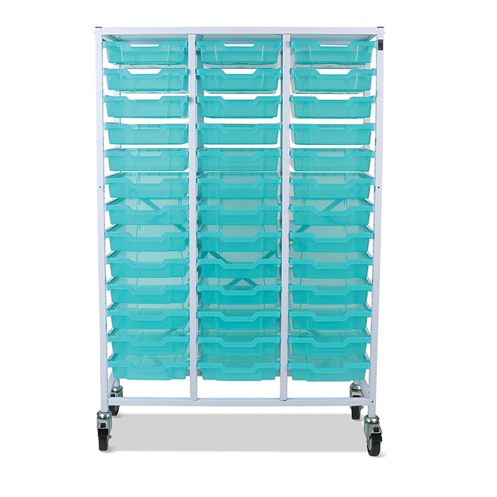 Gratnells Mid Height Treble Trolley Antimicrobial Set In White With 39 Shallow Antimicrobial Trays And 39 Pairs Of Runners