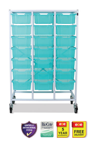 Gratnells Mid Height Treble Trolley Antimicrobial Set In White With 21 Deep Trays