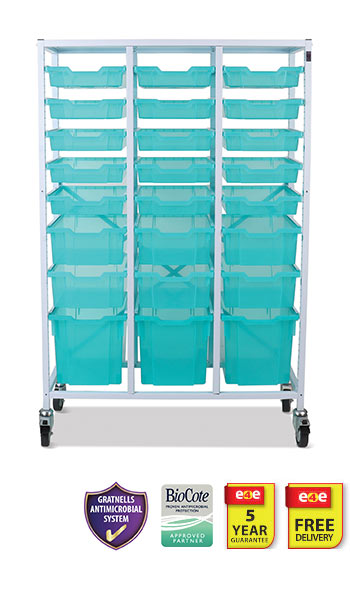 Gratnells Mid height Treble Trolley Antimicrobial Set In White With 15 Shallow, 6 Deep And 3 Jumbo Antimicrobial Trays And 24 Pairs Of Runners
