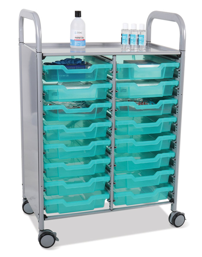 Gratnells Double Callero Plus Antimicrobial Set In Silver With 16 Shallow Trays