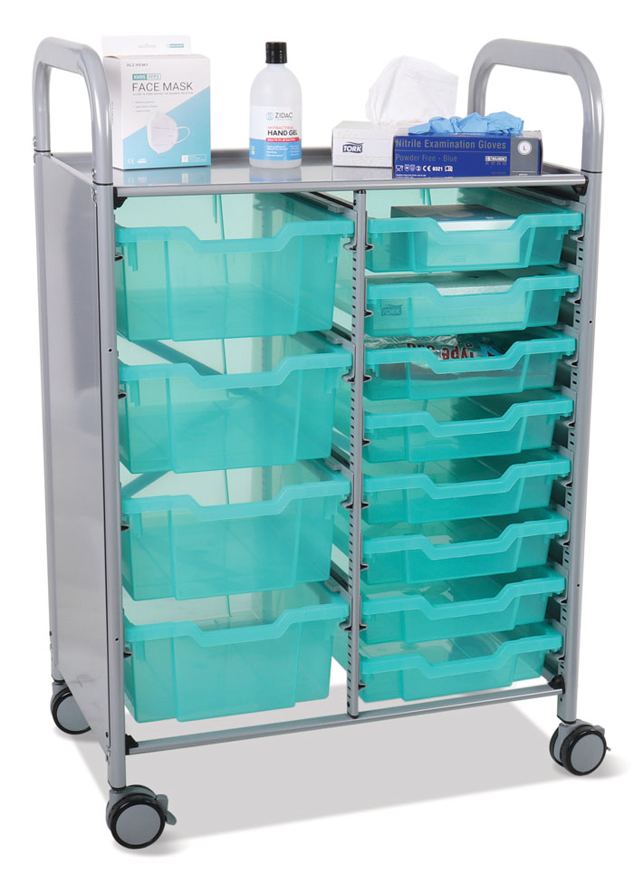 Gratnells Double Callero Plus Antimicrobial Set In Silver With 8 Shallow & 4 Deep Trays