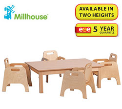 Small Rectangle Melamine Top Wooden Table And 4 Stacking Sturdy Chairs Set