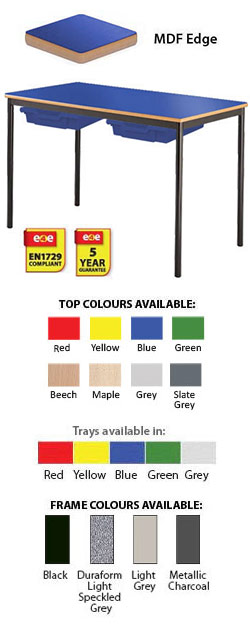 Contract Classroom Tables - Spiral Stacking Rectangular Table with Bullnosed MDF Edge - With 2 Shallow Trays and Tray Runners