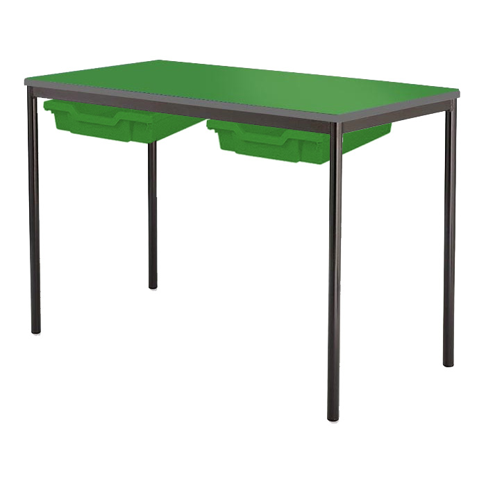 Contract Classroom Tables - Spiral Stacking Rectangular Table with Spray Polyurethane Edge - With 2 Shallow Trays and Tray Runners