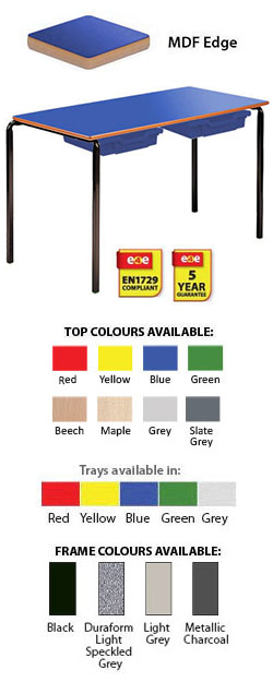 Contract Classroom Tables - Slide Stacking Rectangular Table with Bullnosed MDF Edge - With 2 Shallow Trays and Tray Runners