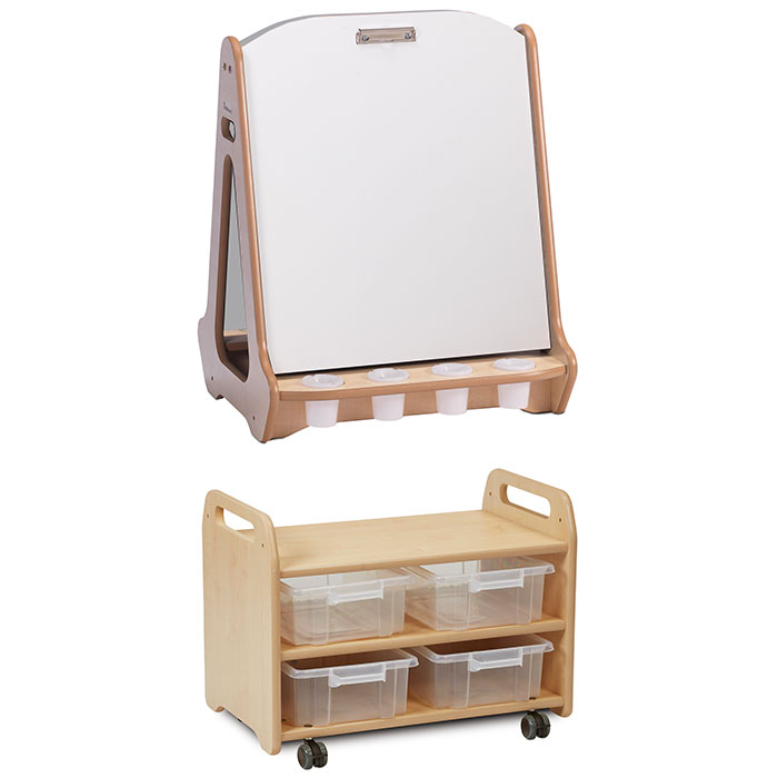 PlayScapes Double Sided Whiteboard Easel With Stand & Storage Trolley And 4 Clear Tubs Set
